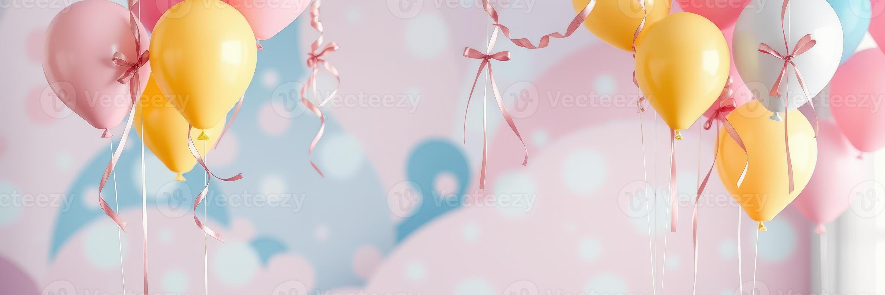 Colorful balloons adorn a festive room ready for a celebration with pastel colors and soft textures photo