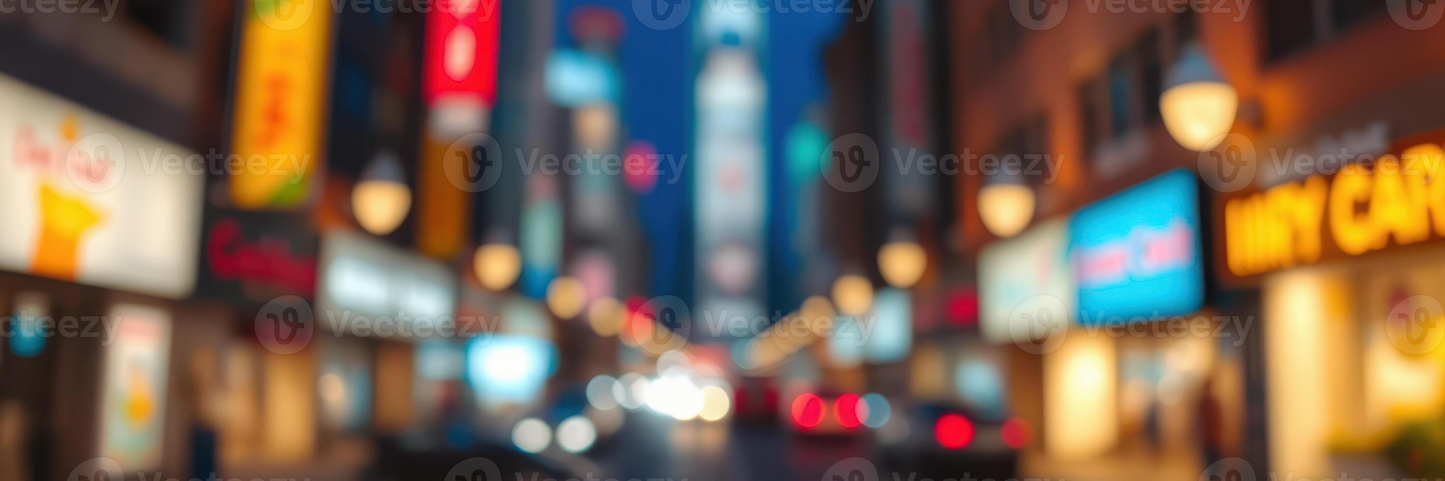 Vibrant city street at night with colorful lights and blurred movement creating a lively atmosphere photo