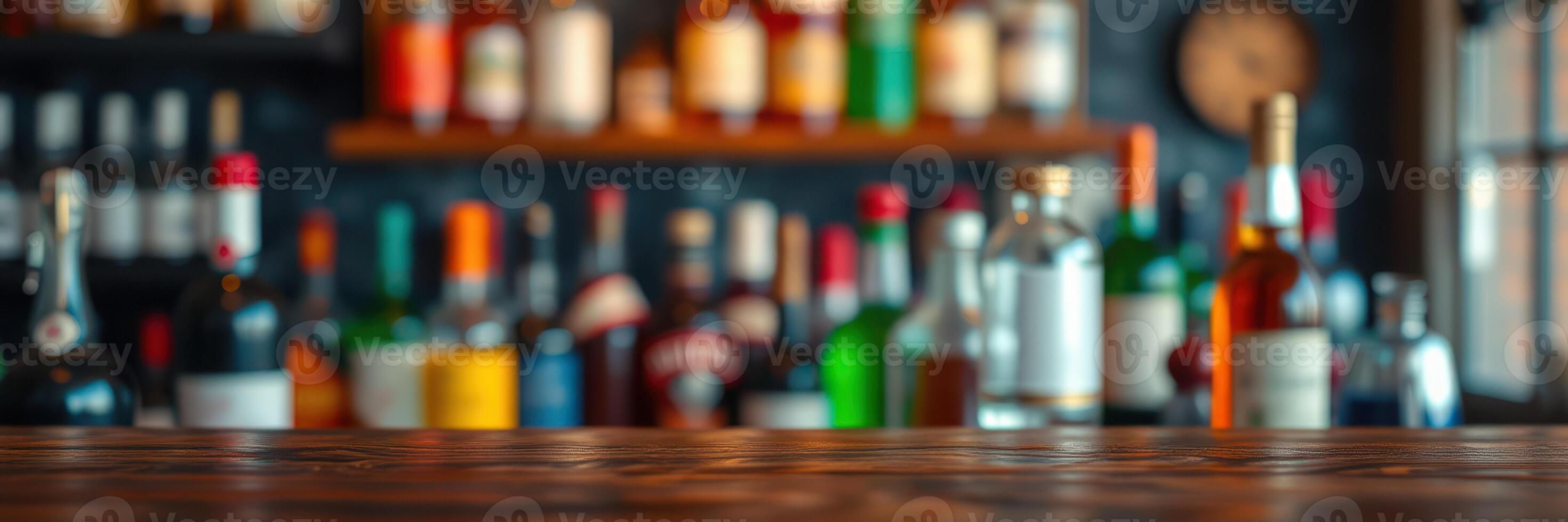 Colorful collection of spirits displayed on shelves in a cozy bar setting during the evening ambiance photo