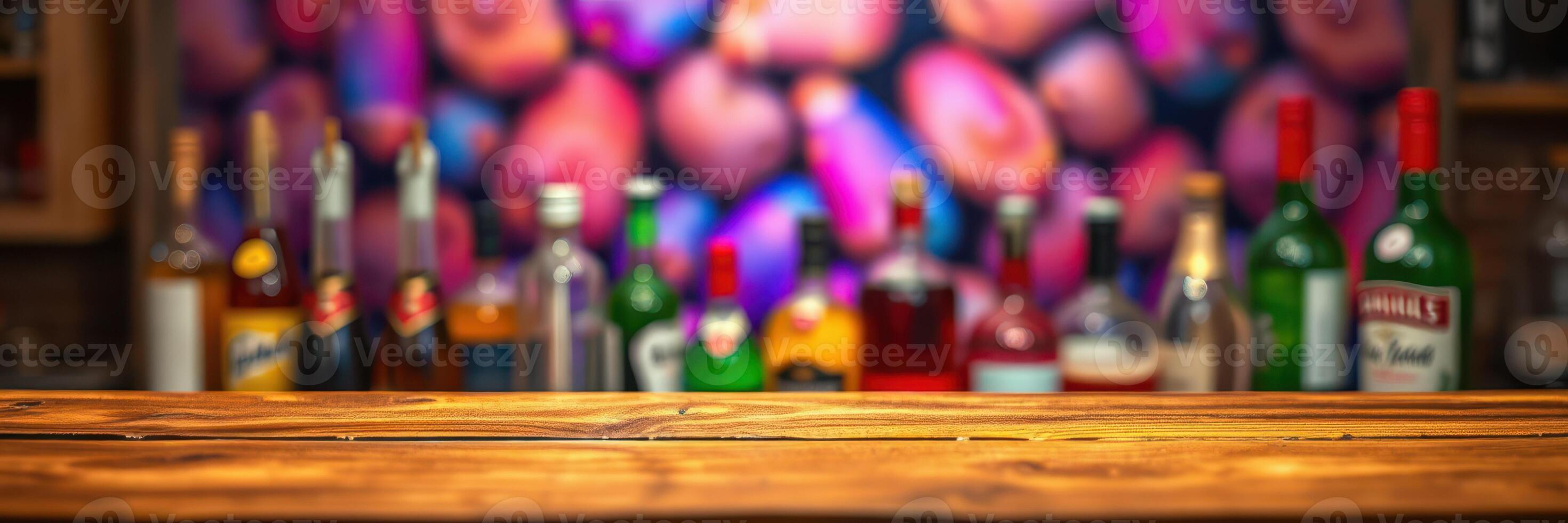 Colorful bar background showcasing a variety of liquor bottles on wooden countertop in an inviting setting photo