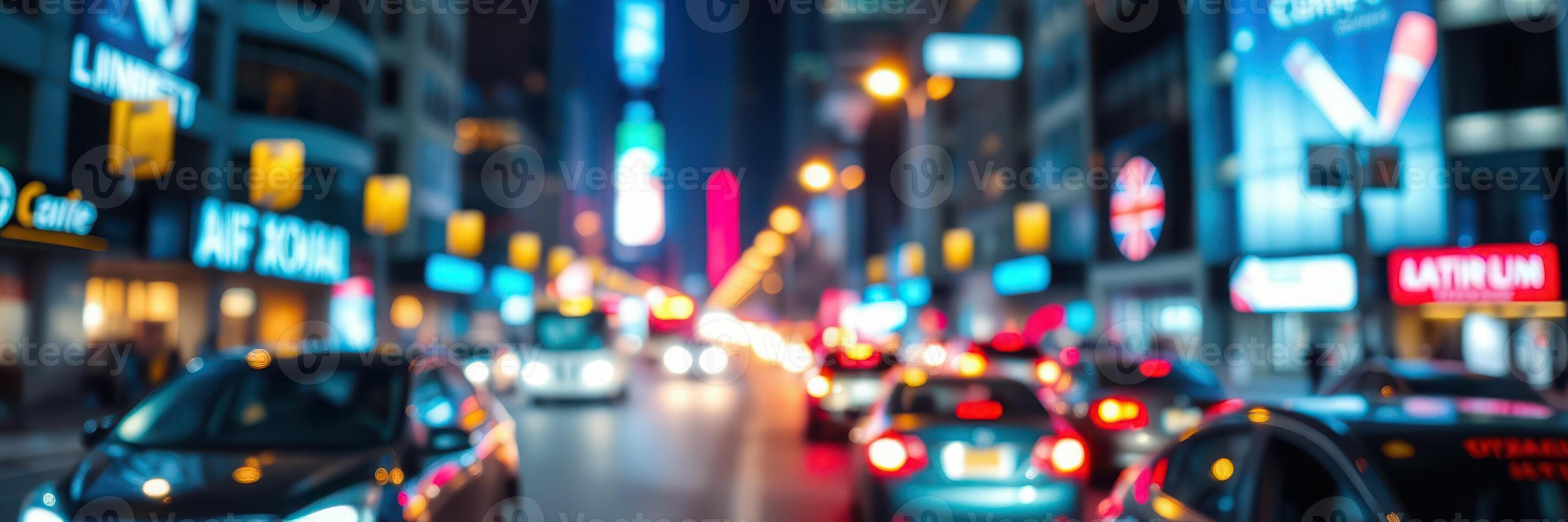 City streets bustling with traffic and vibrant lights in a lively urban setting at night photo