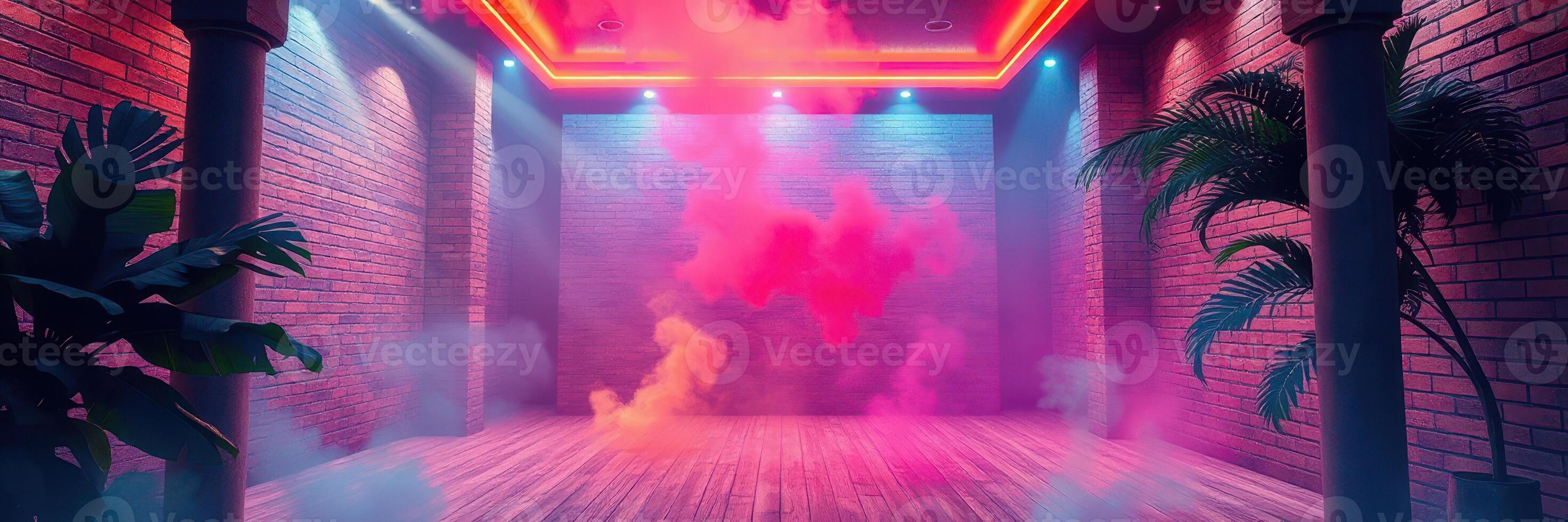 Brightly lit indoor venue with colorful smoke and neon lights for events photo