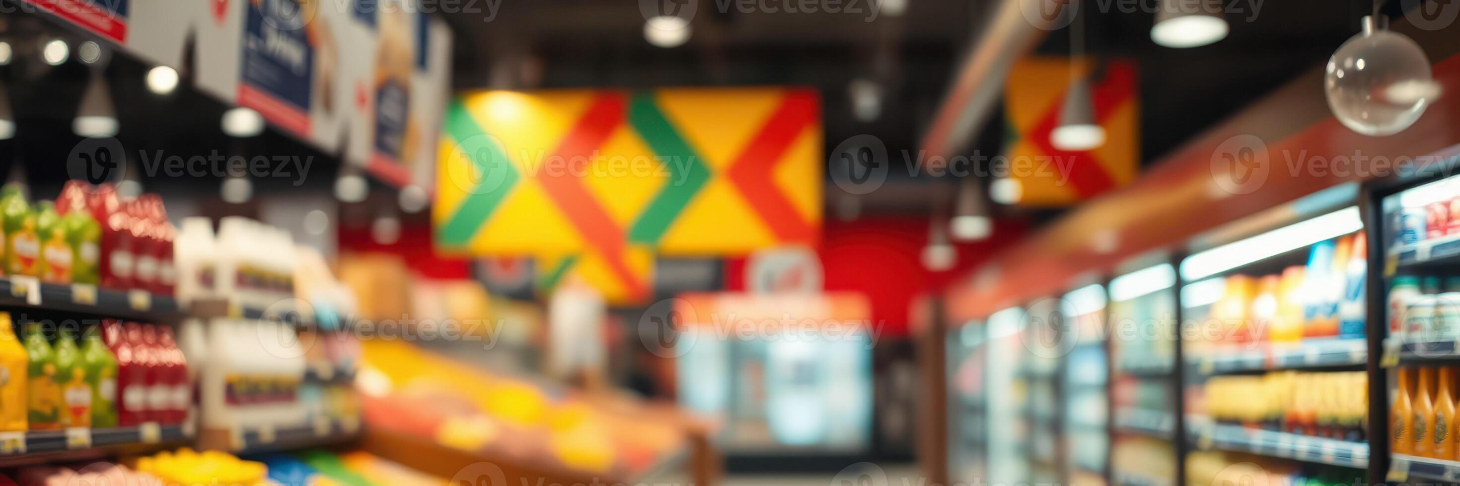 Colorful grocery store interior showcasing fresh produce and beverages in a vibrant shopping environment photo