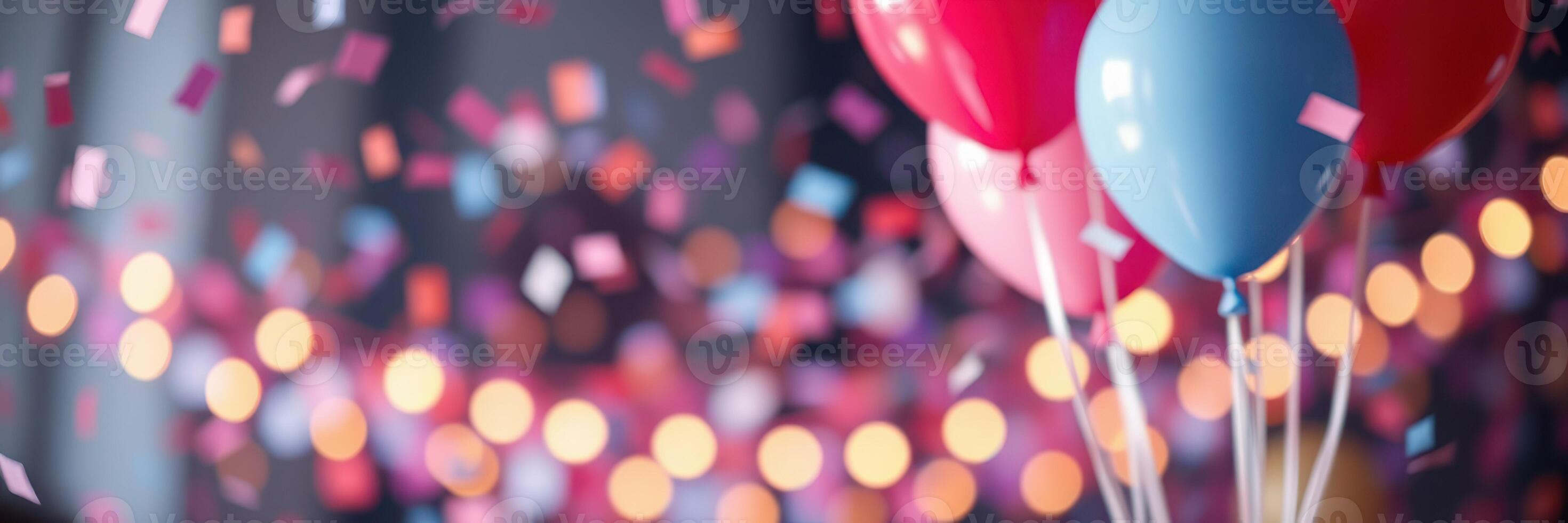 Colorful balloons and confetti create a festive atmosphere at a celebration venue during an evening event photo