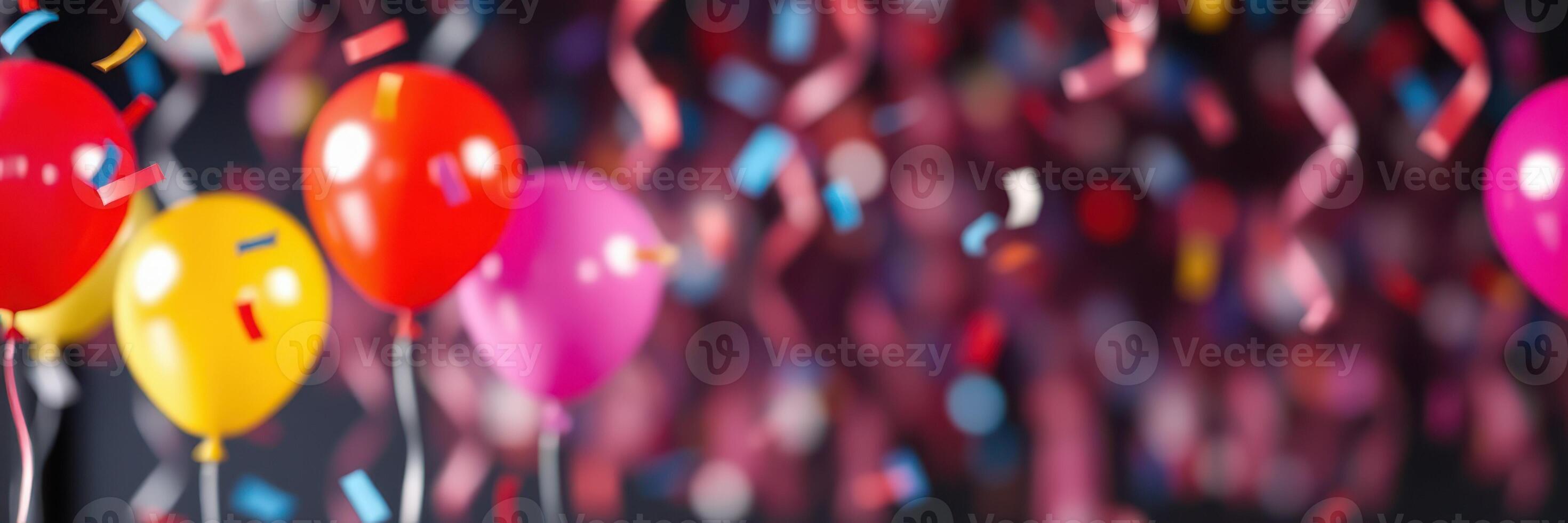 Festive celebration with colorful balloons and confetti filling the atmosphere during a joyful party photo