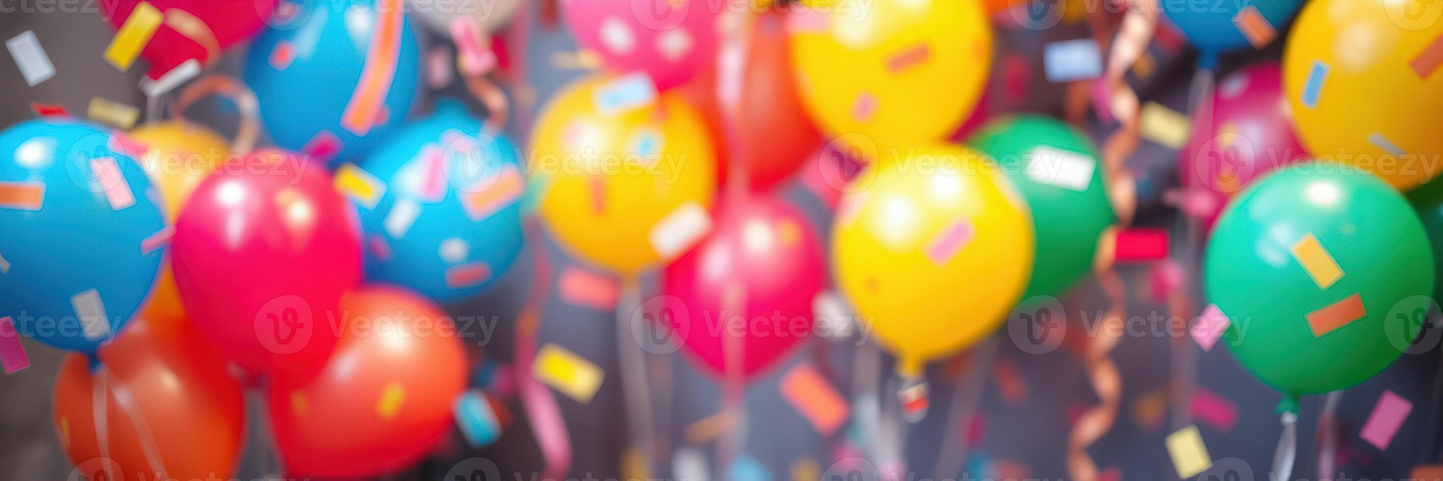 Colorful balloons float in celebration during a festive occasion with confetti and streamers in a lively atmosphere photo