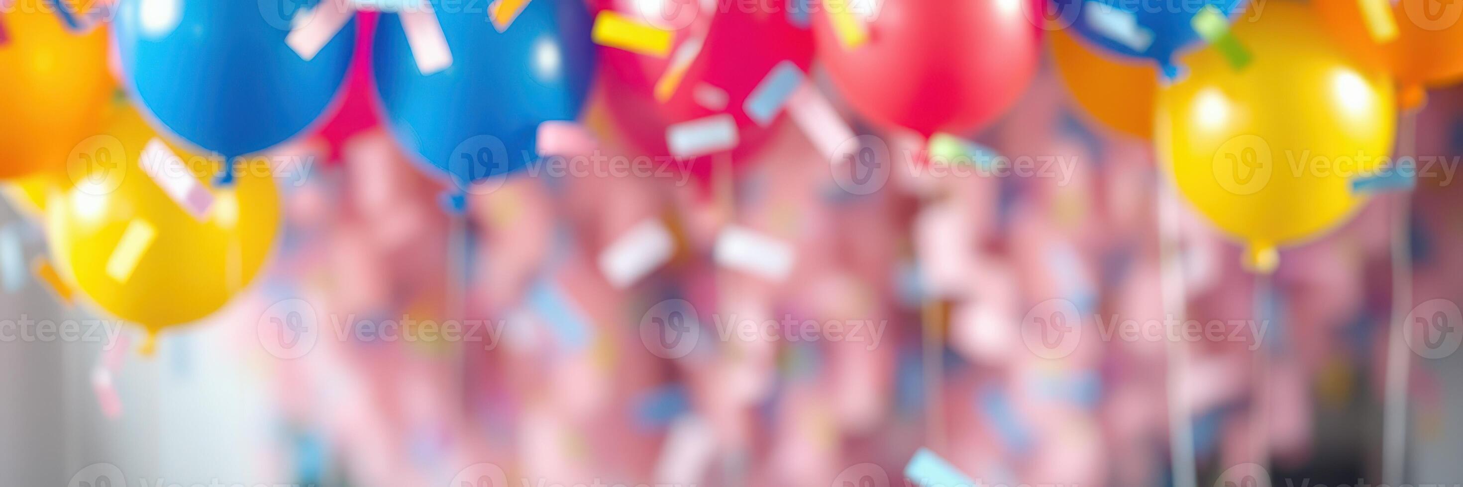 Colorful balloons and confetti create a festive atmosphere for a celebration indoors photo