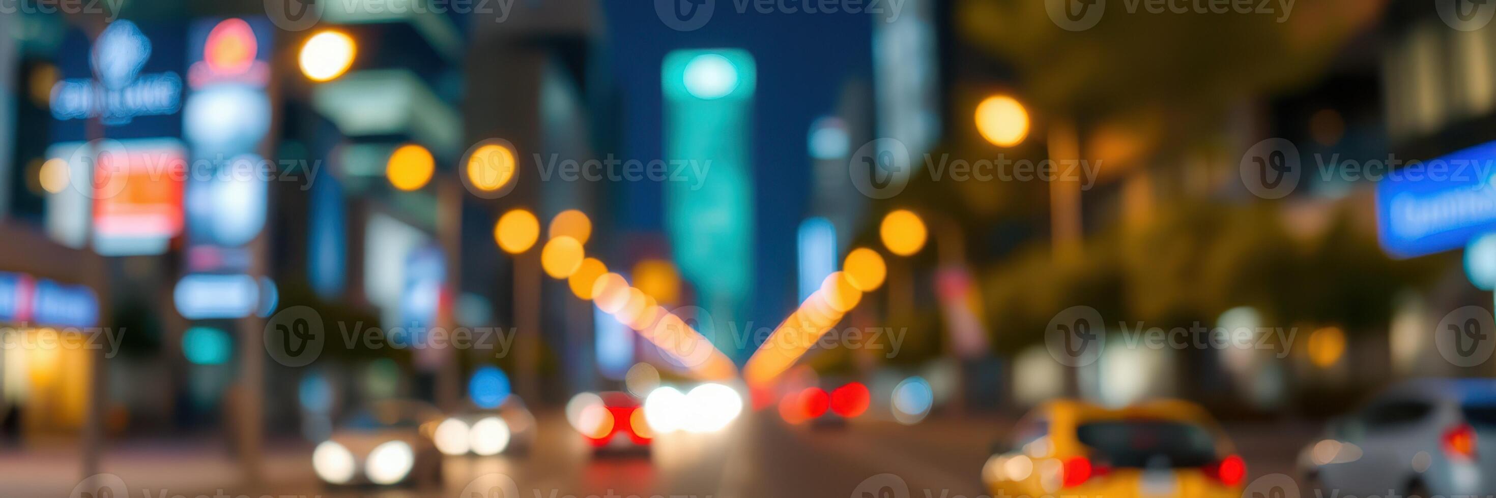 City at night with blurred lights showcasing hustle and bustle during urban evening hours photo