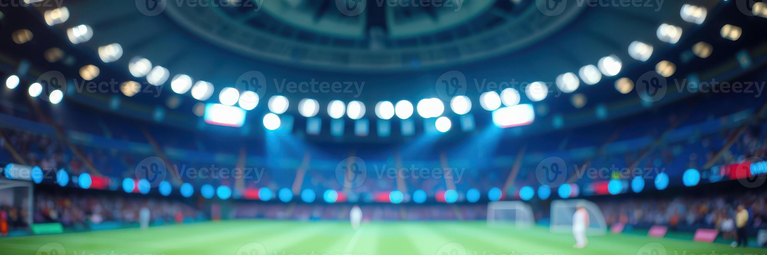 Exciting soccer match in a vibrant stadium during the evening with bright lights and enthusiastic fans photo