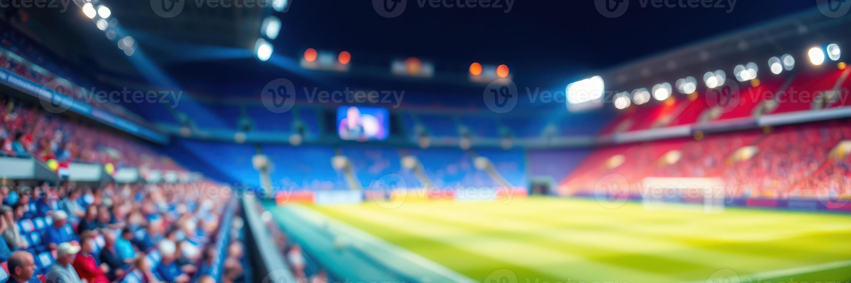 Crowd enjoys thrilling match at stadium with colorful seating under bright lights and a vibrant atmosphere photo