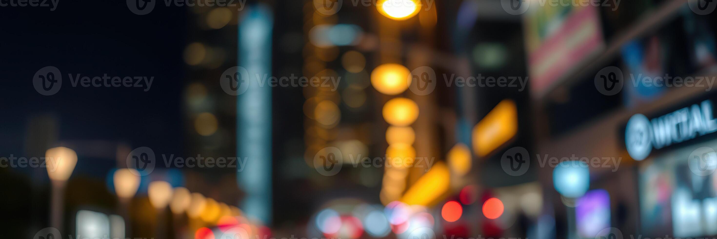 Urban nightlife with illuminated streetlights and blurred city outlines creating a vibrant atmosphere photo