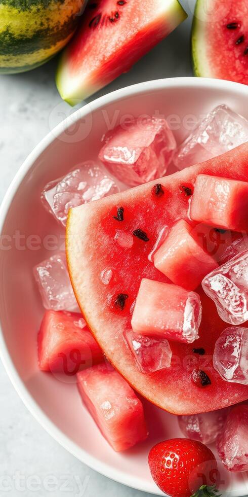 Refreshing watermelon slices served with ice cubes in a bowl, perfect for summer moments or a healthy snack photo