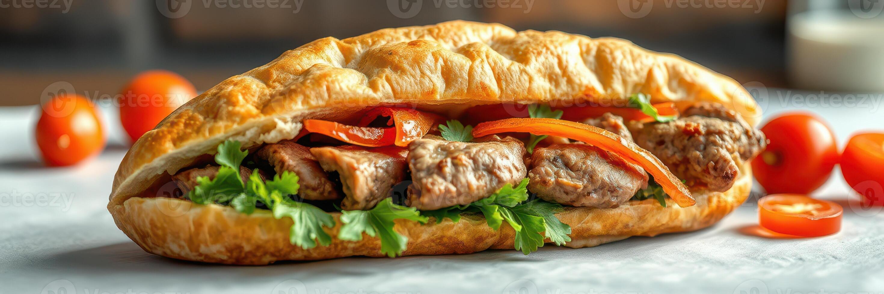Savory sandwich with grilled meat, fresh vegetables, and herbs served on a crusty bread with cherry tomatoes photo