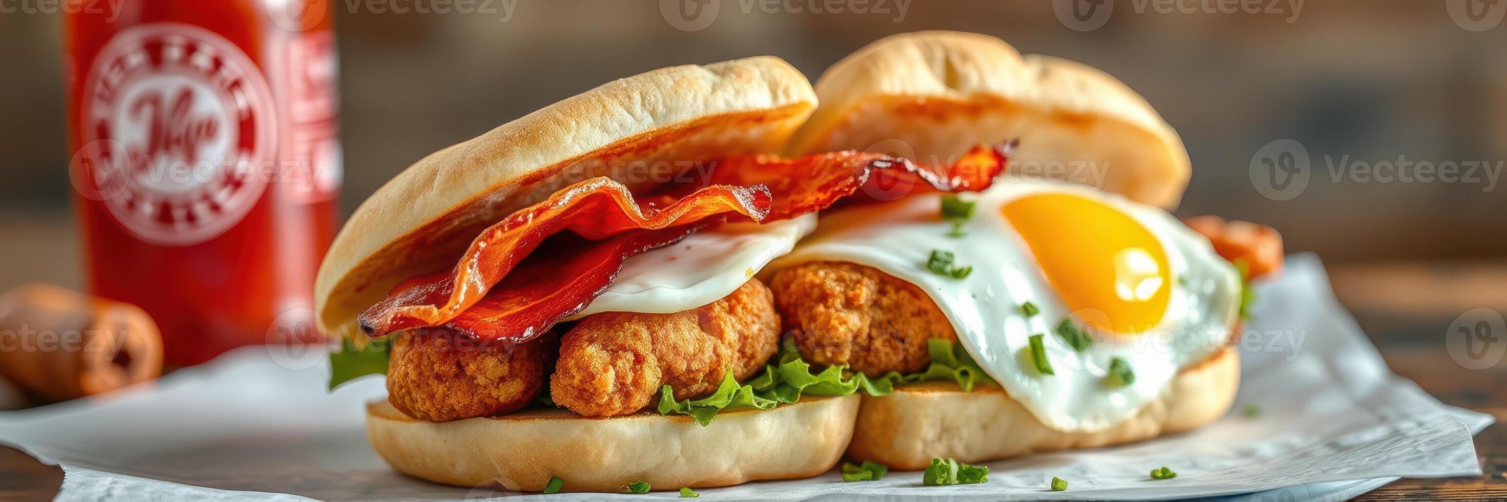Delicious chicken sandwich with fried egg and bacon served with a cold beverage photo