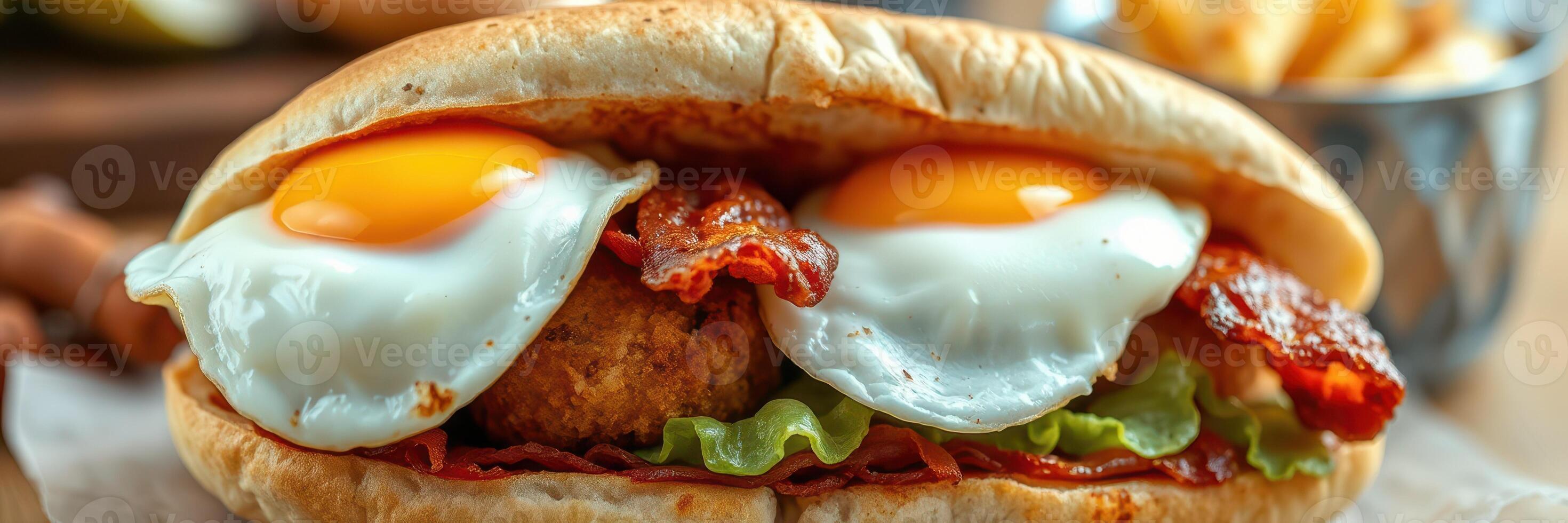 Delicious breakfast sandwich with eggs, bacon, and crispy chicken served with fries at a cozy eatery photo