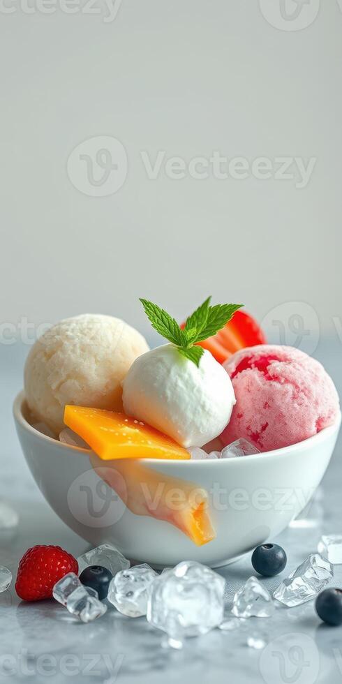 Colorful ice cream scoops with fresh fruit in a bowl on a marble countertop photo