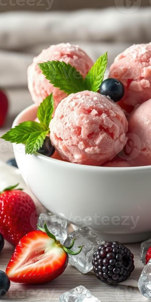 Delicious pink ice cream served in a bowl with fresh berries and mint leaves on a wooden table photo