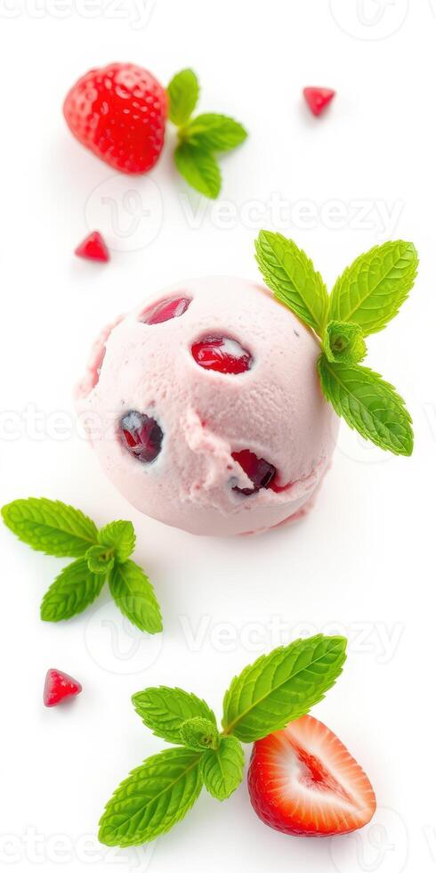 Delicious strawberry mint ice cream served with fresh berries and mint leaves in a vibrant display photo