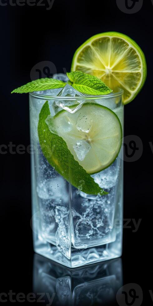 Refreshing citrus drink with mint leaves and ice cubes served in a clear glass photo