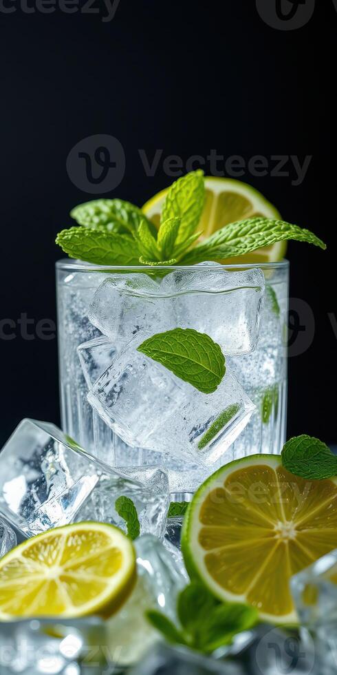 Refreshing mint and lime beverage with ice cubes served in a clear glass on a dark background photo