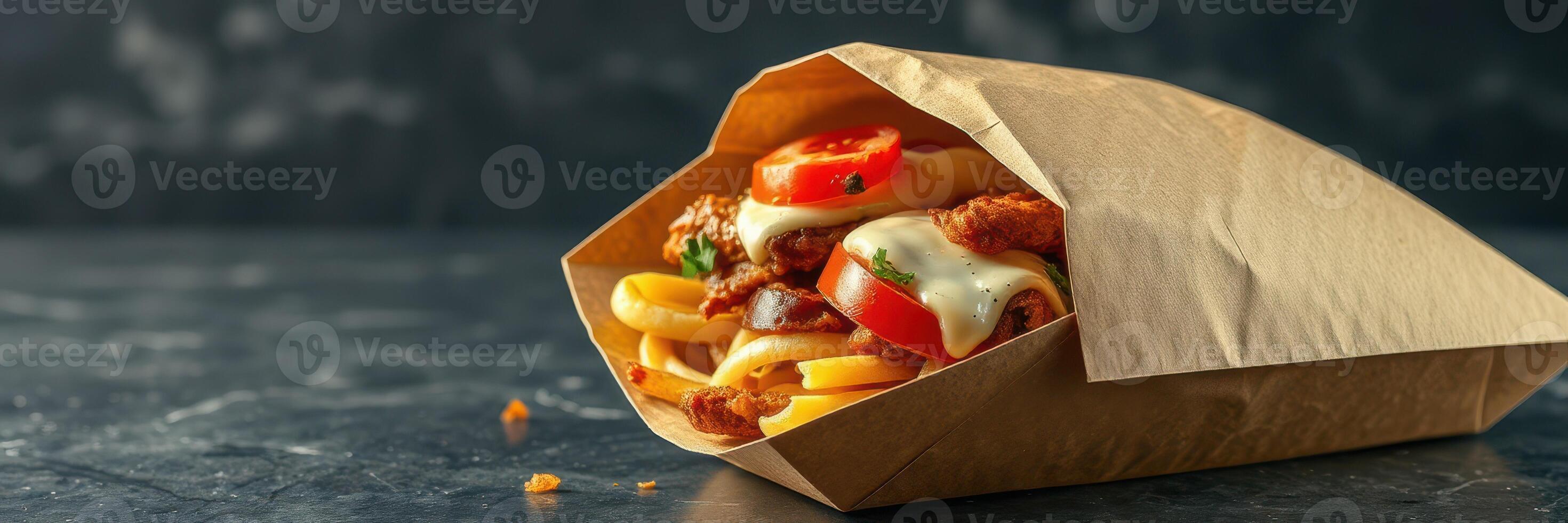 Delicious chicken wrap with fresh vegetables and crispy fries in a paper cone served on a dark countertop photo