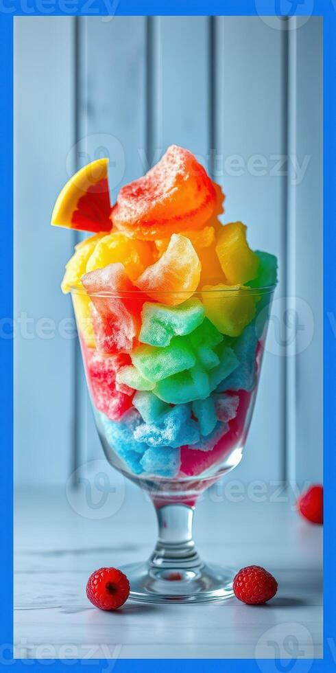Colorful rainbow shaved ice dessert served in a tall glass with vibrant fruit garnishes photo