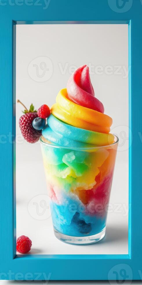 Colorful layered dessert with soft serve and fresh berries served in a glass container in a bright blue frame photo
