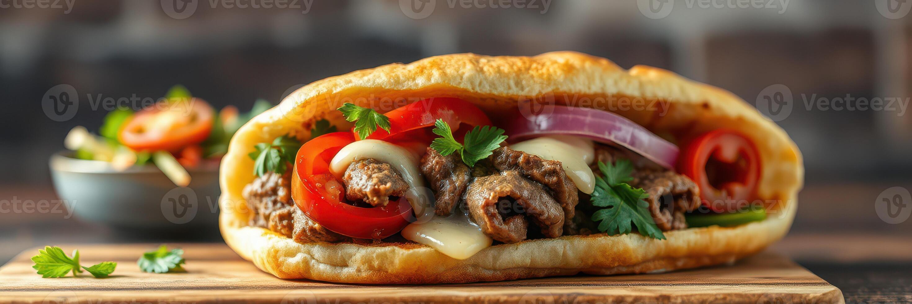 Delicious sandwich with seasoned beef, fresh vegetables, and melted cheese served on rustic wooden board photo