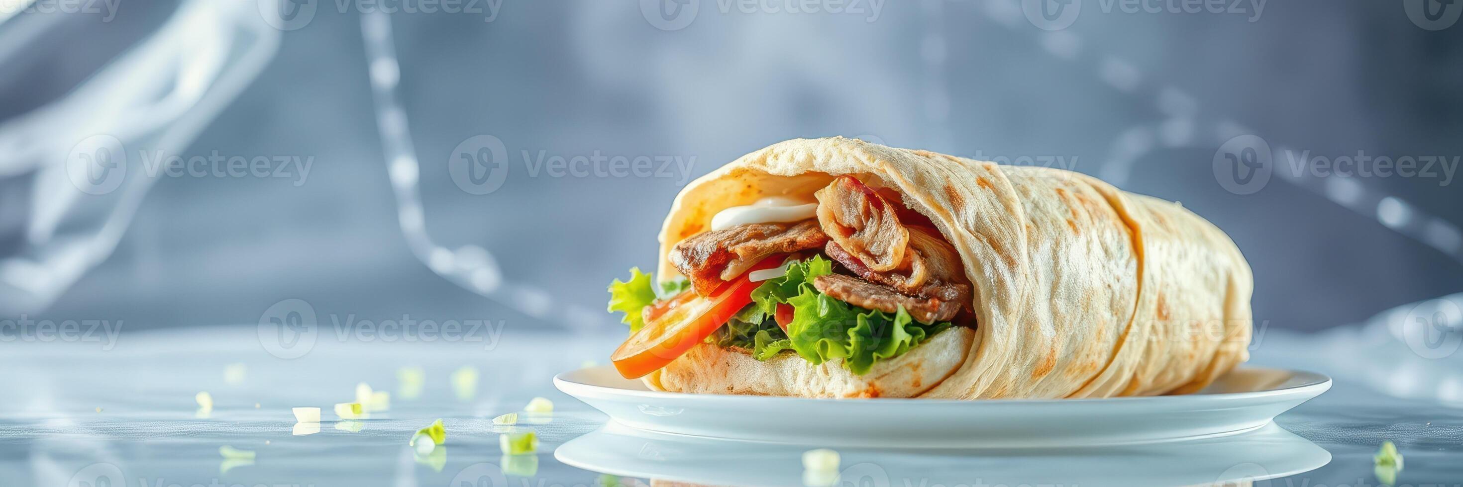 Delicious wrap filled with fresh vegetables and grilled meat served on a white plate photo