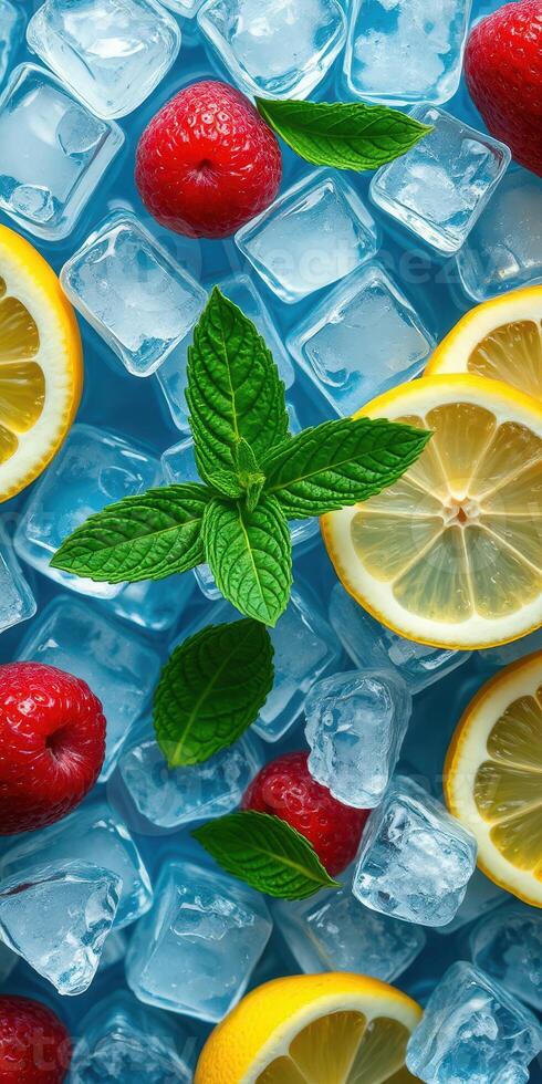 Fresh raspberry and lemon slices on ice with mint leaves creating a vibrant summer drink composition photo