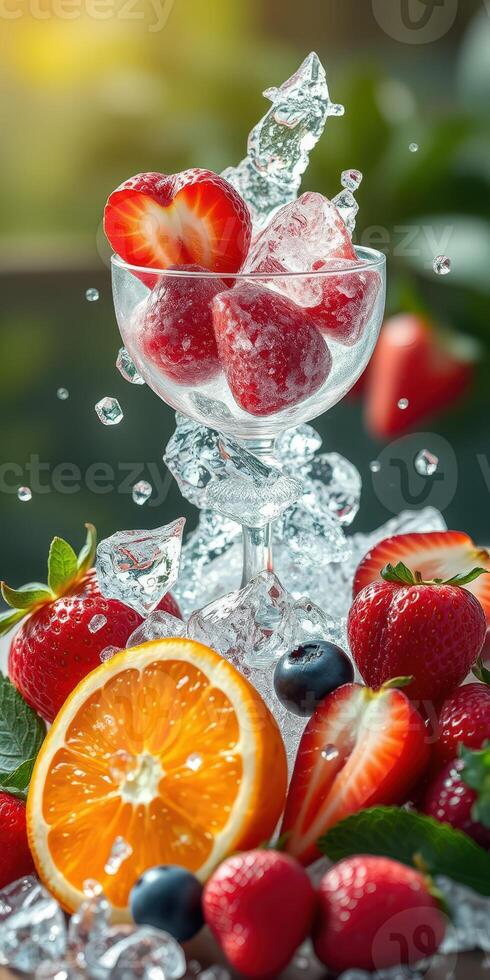Fresh fruit cocktail made with strawberries, raspberries and oranges served with ice photo
