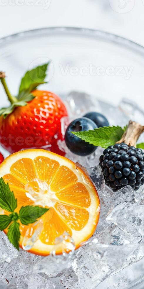 Fresh fruits displayed on ice with vibrant colors and mint leaves enhancing the natural beauty photo