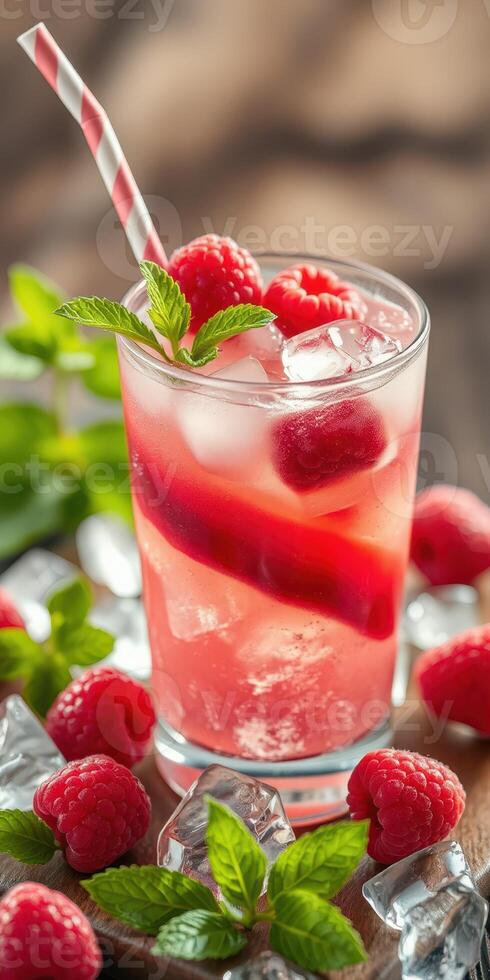 Refreshing raspberry beverage topped with mint and ice served on a wooden table photo