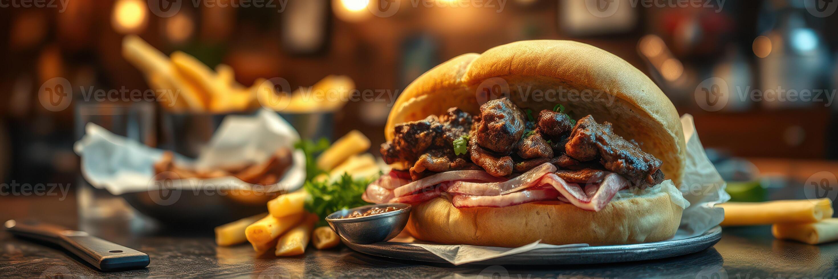 Delicious sandwich with grilled meat served with fries in a cozy setting at a local restaurant photo