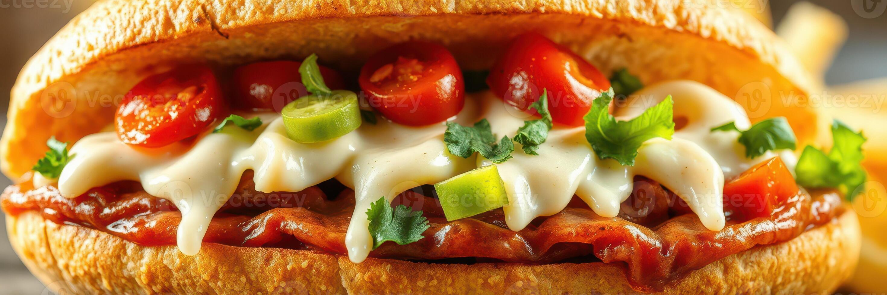 Freshly prepared sandwich with juicy meat, tomatoes, and creamy sauce in a rustic setting photo