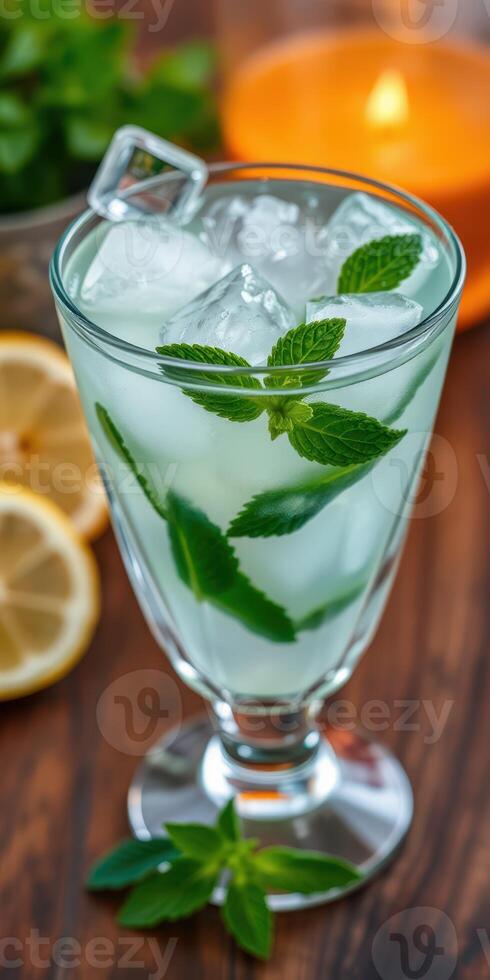 Refreshing mint lemonade served in a glass with fresh ingredients on a wooden table during a warm afternoon photo
