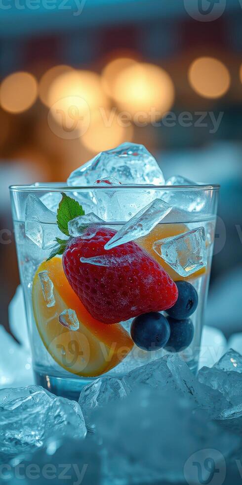 Refreshing fruit cocktail served in a clear glass filled with ice and garnished with mint photo