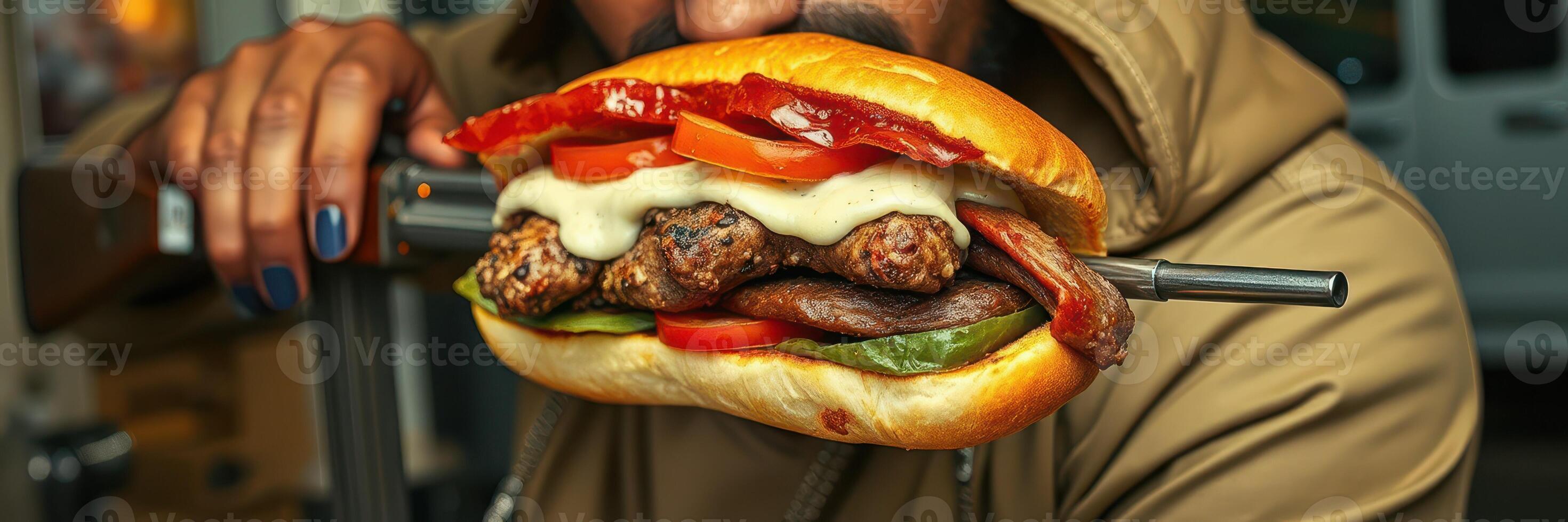 Man enjoys a large sandwich filled with grilled meat, vegetables, and sauce in urban setting during evening hours photo