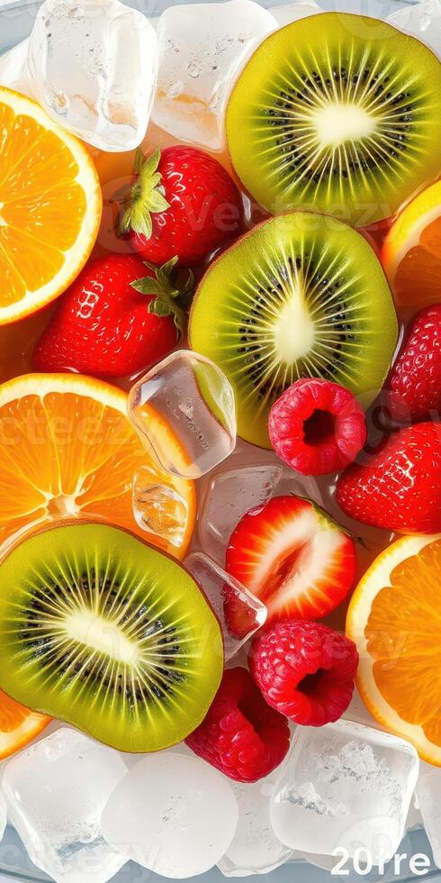 Colorful fruit medley with ice cubes in refreshing drink preparation at summer gathering photo