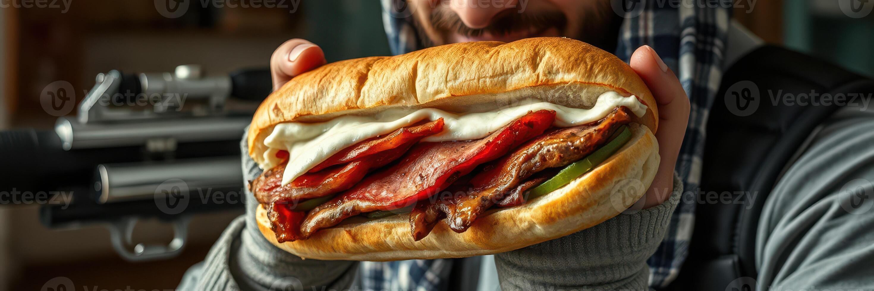 Delicious sandwich held by a person in casual attire near a black weapon in a cozy indoor setting photo