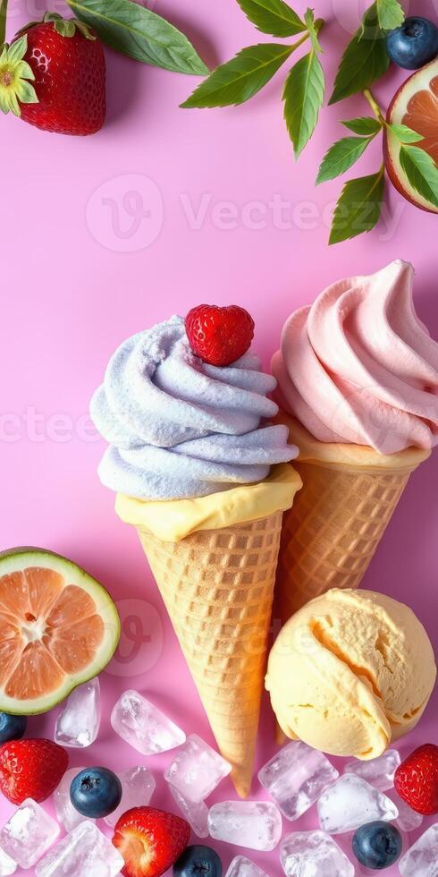 Colorful ice cream cones topped with strawberries and accompanied by citrus slices on a pink background photo