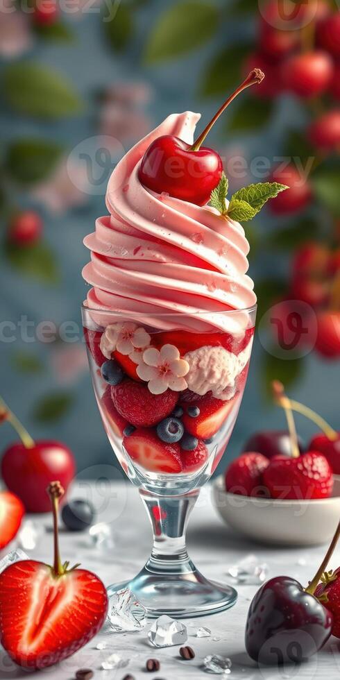 Delicious dessert with swirls of soft serve and fresh berries in a glass cup during a sunny afternoon photo