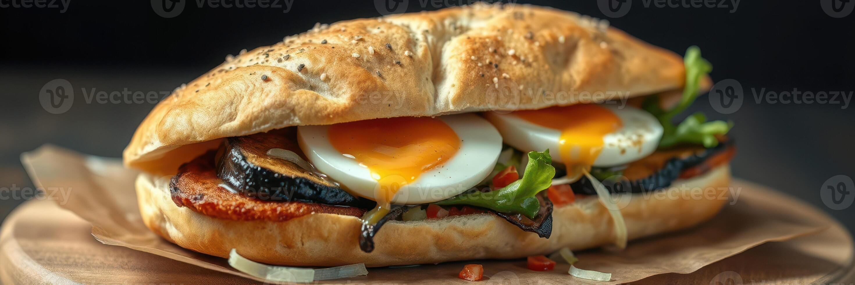 Delicious sandwich with soft boiled eggs, fresh vegetables, and flavorful toppings served on a wooden platter photo
