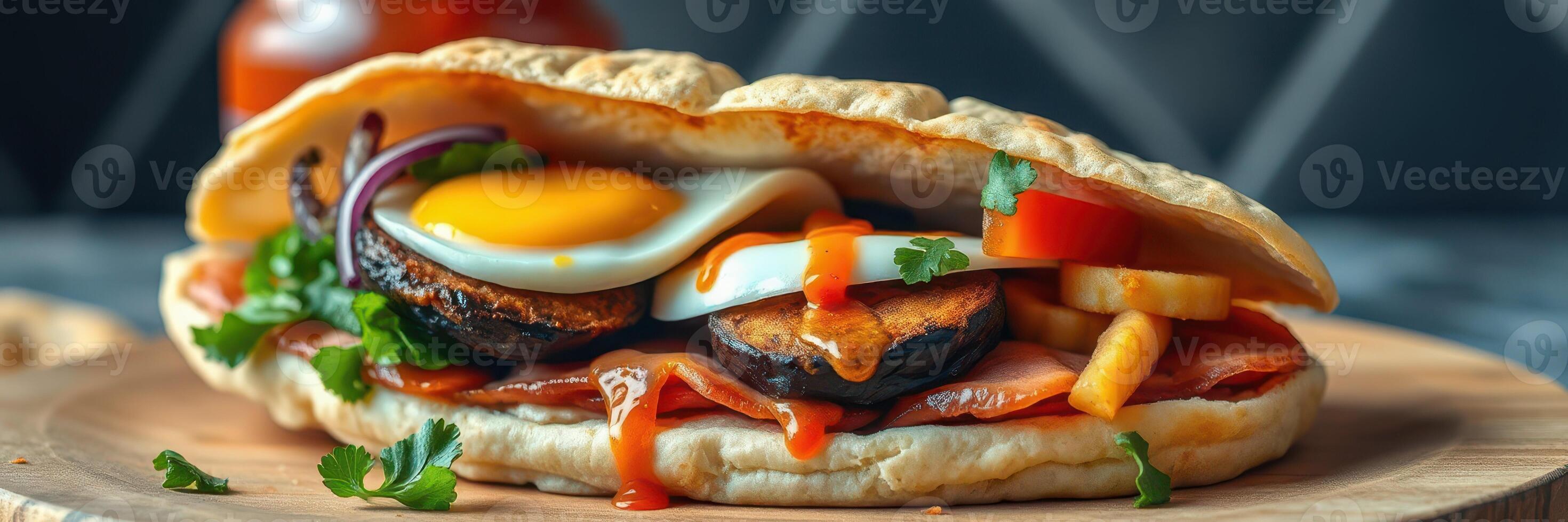 Delicious pita sandwich filled with grilled vegetables, fried egg, and fresh toppings in a stylish kitchen setting photo