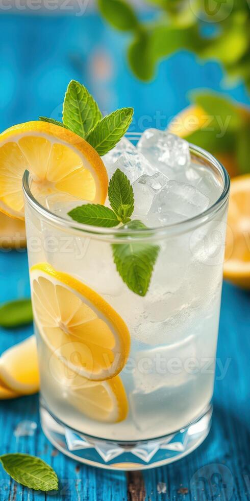 Refreshing lemonade with mint and ice on a colorful blue wooden table during summertime photo