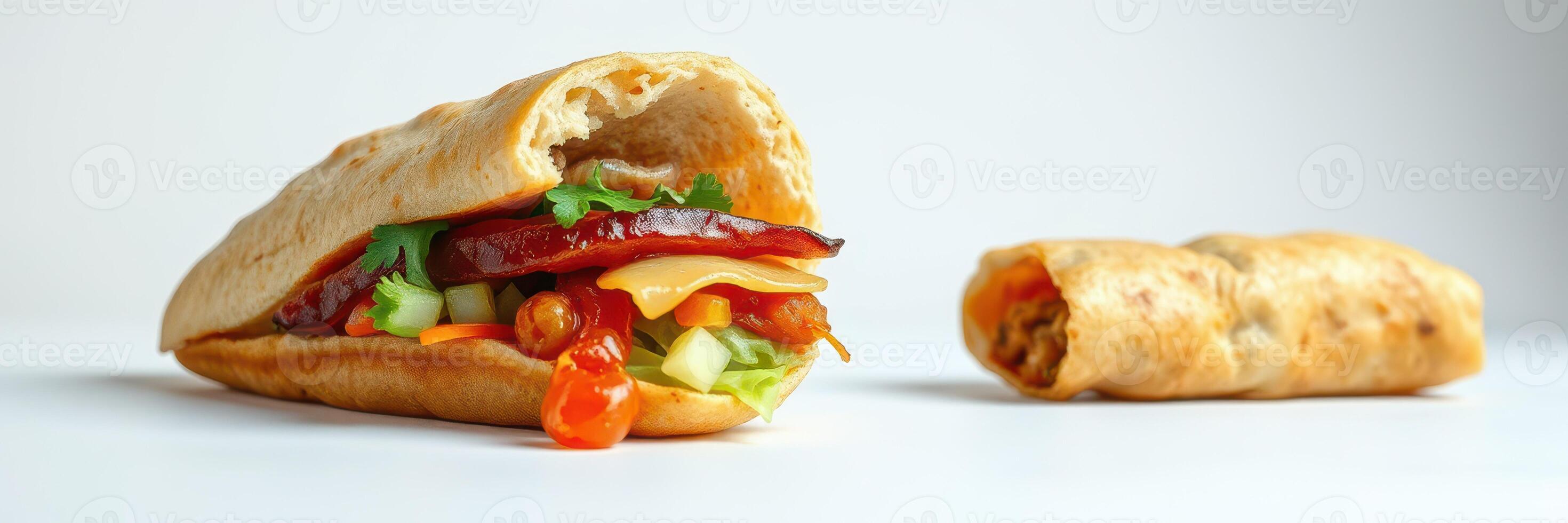 Delicious tortilla wraps filled with fresh ingredients on a plain background photo