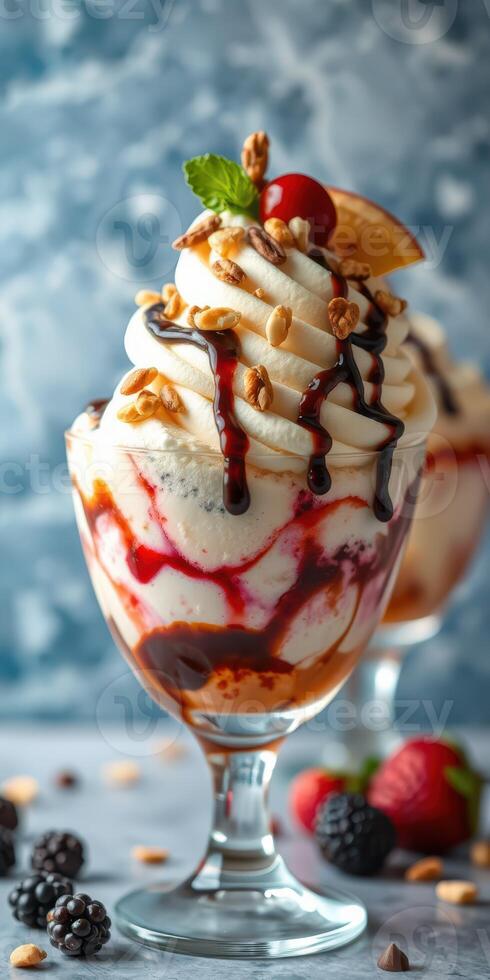 Delightful dessert with whipped cream, fruit, and chocolate sauce served in a glass bowl at a summer gathering photo