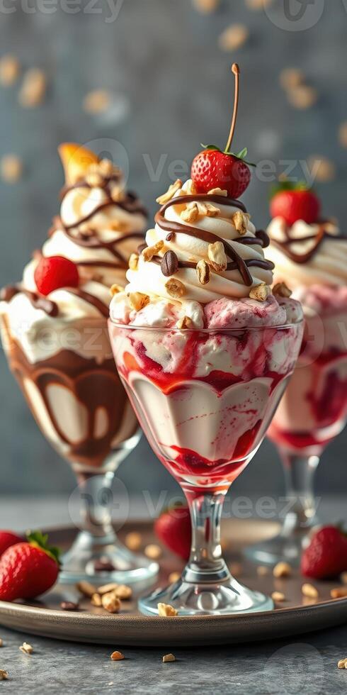 Delicious ice cream sundaes topped with fresh fruit and chocolate drizzle in a dessert display photo