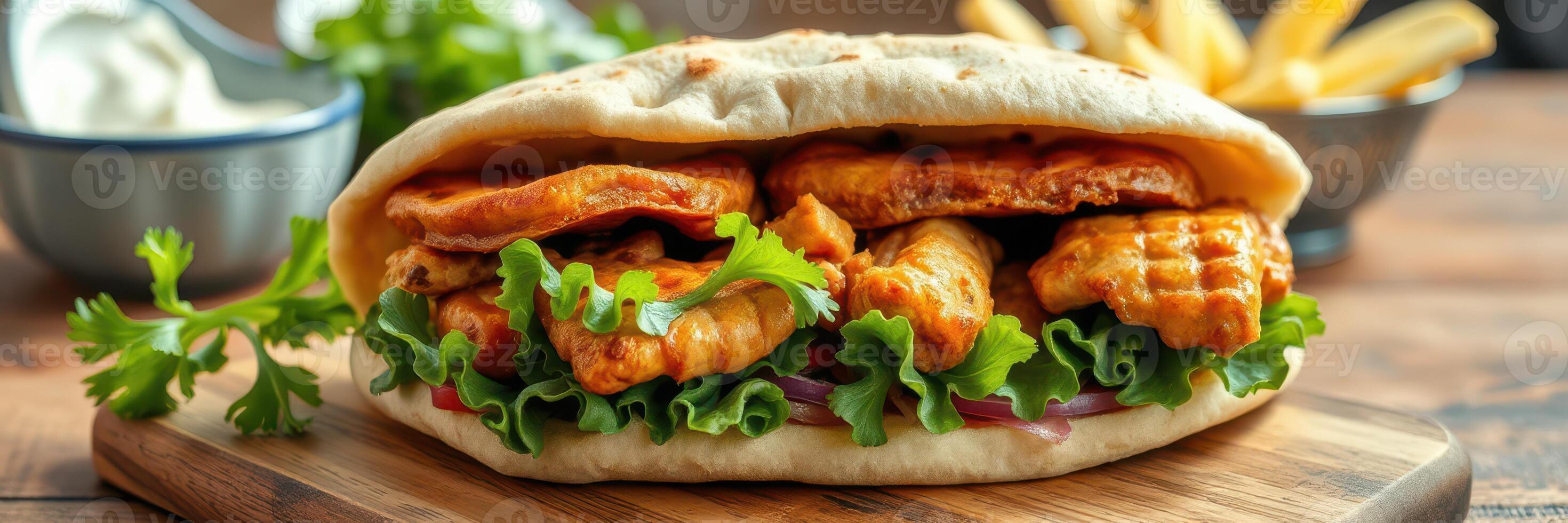 Delicious chicken sandwich with fresh lettuce and herbs served on a wooden board in a cozy dining setting photo