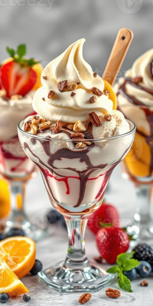 Delicious ice cream sundae topped with whipped cream, nuts, and fruit served in a glass bowl photo